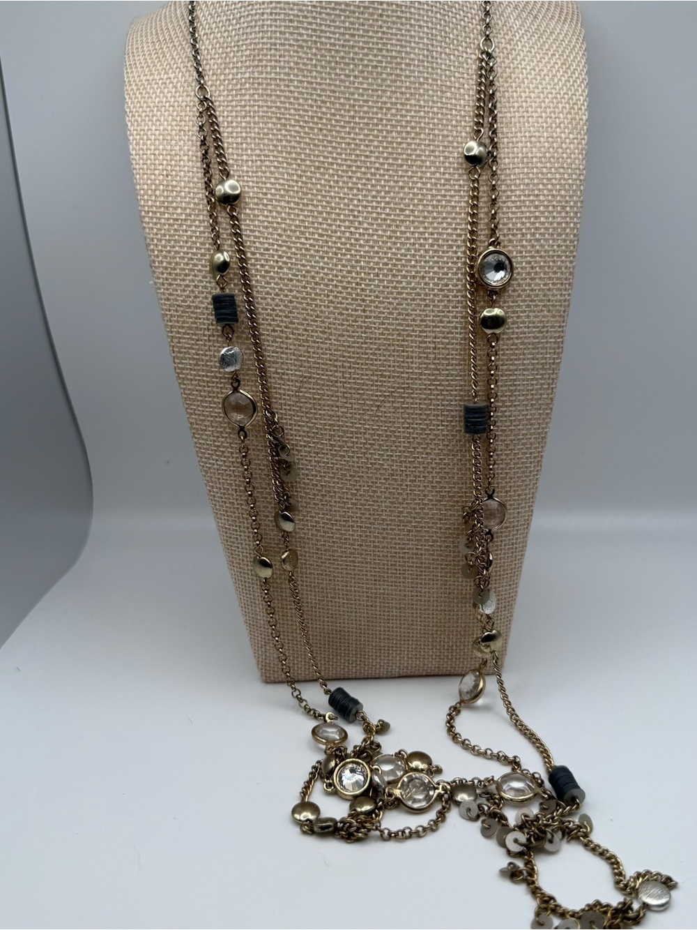 LOFT Gold-Tone Layered Chain Necklace with Clear Stones and Black Beads